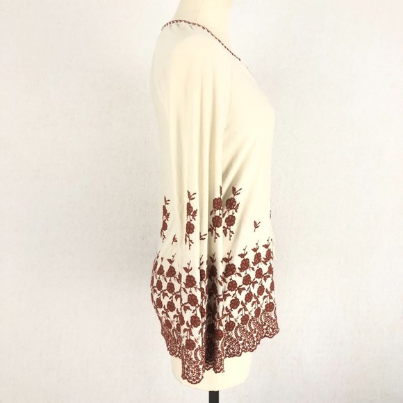 Fever Women's Size XS Boho Cream Burnt Orange Embroidered Tassel Tie Top Blouse - Picture 4 of 10